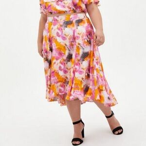 Torrid Multi Watercolor Midi Skirt Hi-Lo Hem in Pink/Orange Boho Spring Sz 2X